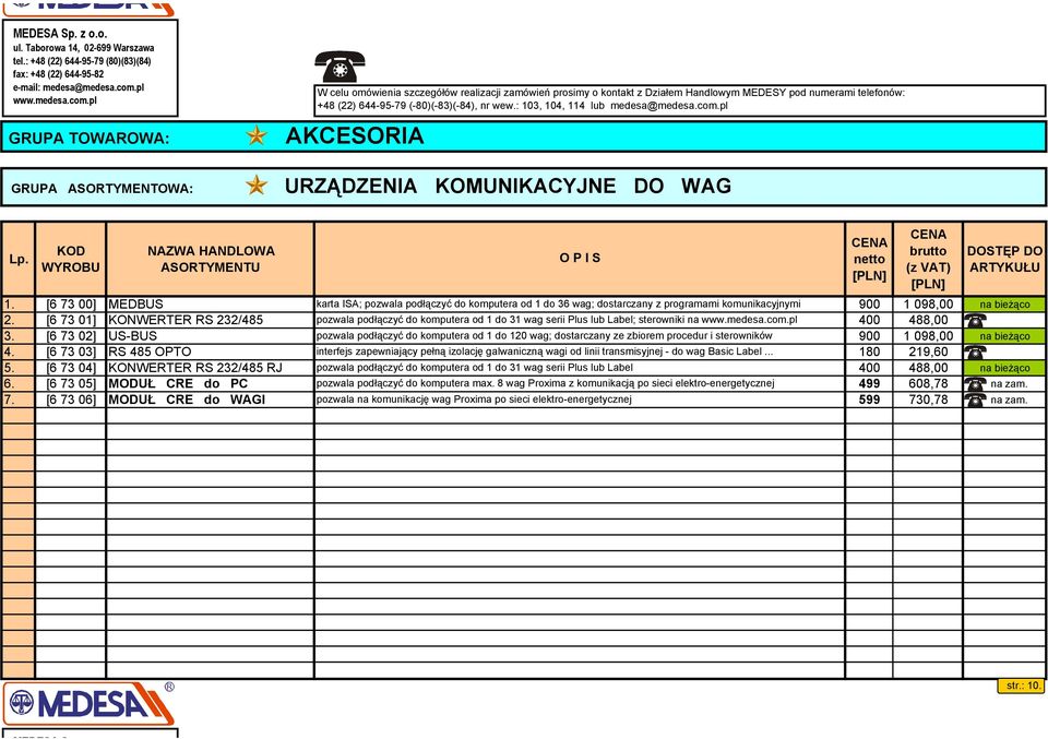 : 103, 104, 114 lub medesa@medesa.com.pl GRUPA ASORTYMENTOWA: URZĄDZENIA KOMUNIKACYJNE DO WAG 1.