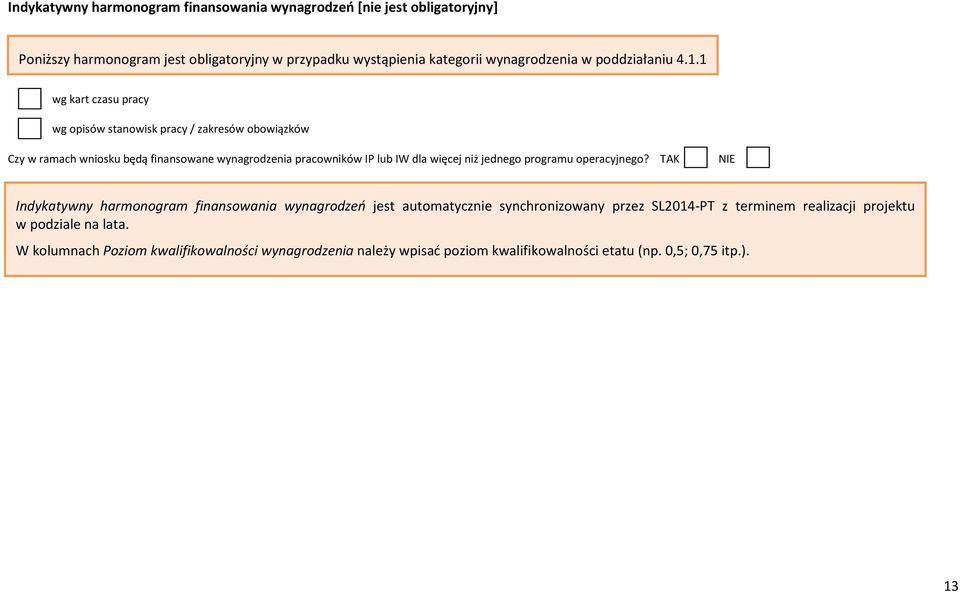 operacyjnego? TAK NIE Indykatywny harmonogram finansowania wynagrodzeń jest automatycznie synchronizowany przez z terminem realizacji projektu w podziale na lata.