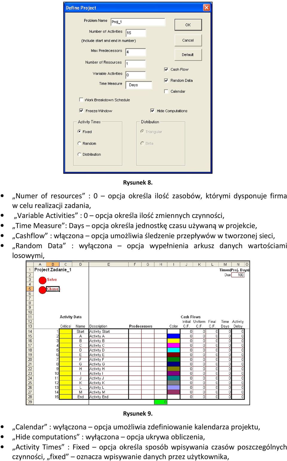 Time Measure : Days opcja określa jednostkę czasu używaną w projekcie, Cashflow : włączona opcja umożliwia śledzenie przepływów w tworzonej sieci, Random Data :