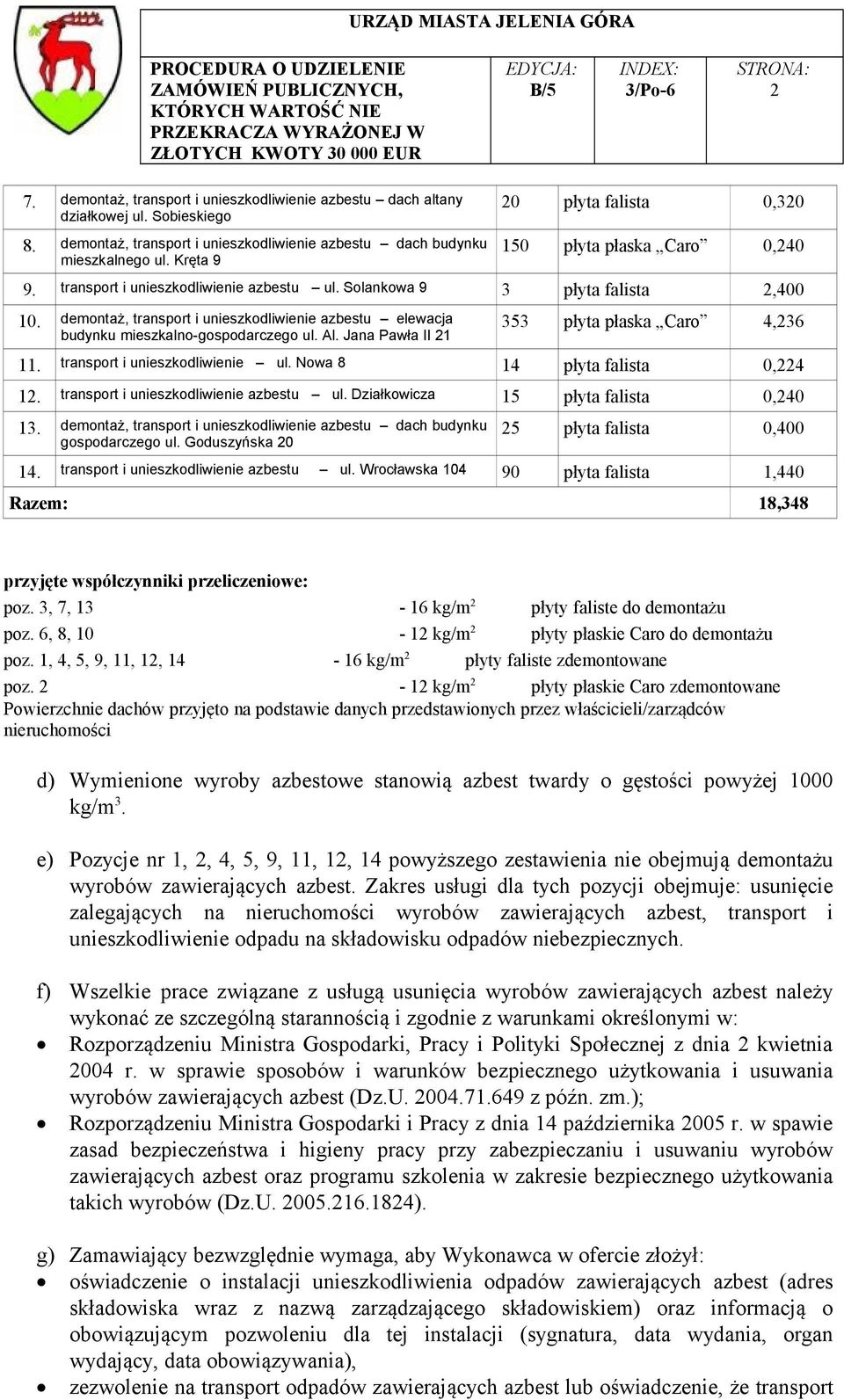 demontaż, transport i unieszkodliwienie azbestu elewacja budynku mieszkalno-gospodarczego ul. Al. Jana Pawła II 21 353 płyta płaska Caro 4,236 11. transport i unieszkodliwienie ul.