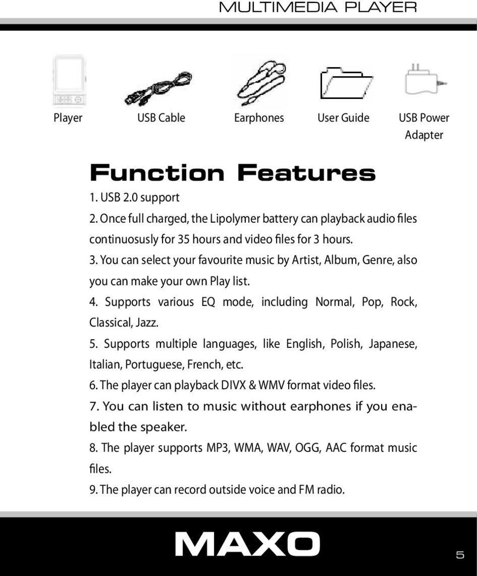4. Supports various EQ mode, including Normal, Pop, Rock, Classical, Jazz. 5. Supports multiple languages, like English, Polish, Japanese, Italian, Portuguese, French, etc. 6.