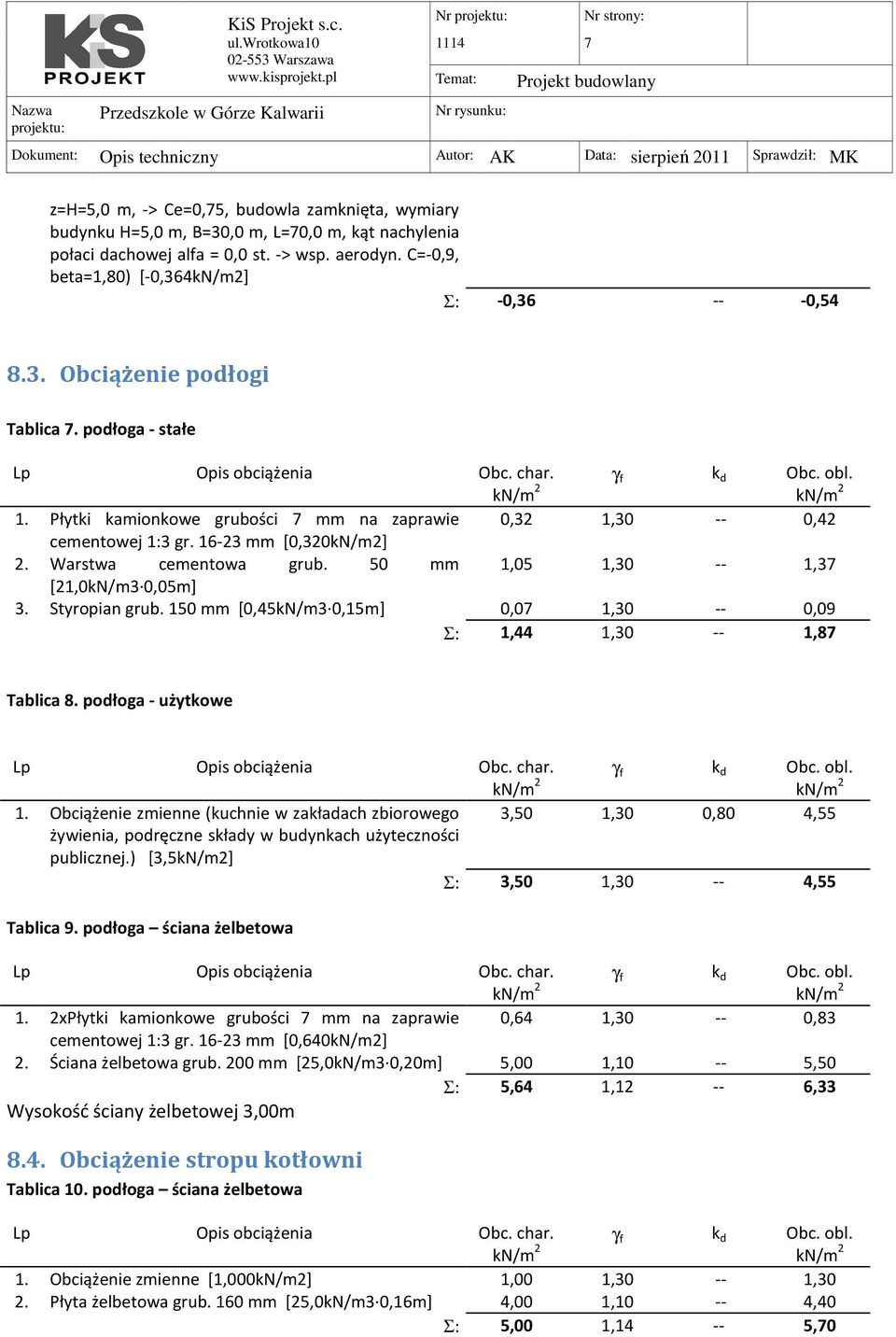 Płytki kamionkowe grubości 7 mm na zaprawie 0,32 1,30 -- 0,42 cementowej 1:3 gr. 16-23 mm [0,320kN/m2] 2. Warstwa cementowa grub. 50 mm 1,05 1,30 -- 1,37 [21,0kN/m3 0,05m] 3. Styropian grub.