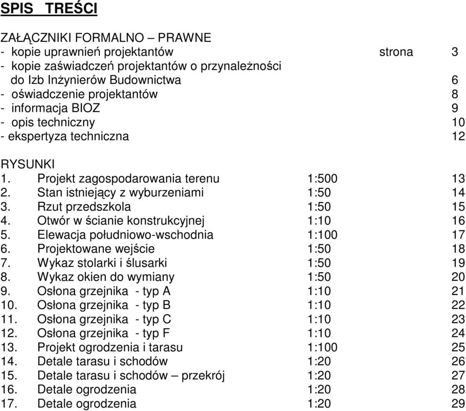 Otwór w ścianie konstrukcyjnej 1:10 16 5. Elewacja południowo-wschodnia 1:100 17 6. Projektowane wejście 1:50 18 7. Wykaz stolarki i ślusarki 1:50 19 8. Wykaz okien do wymiany 1:50 20 9.