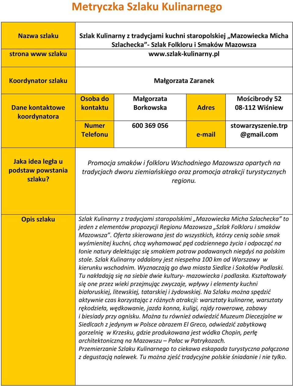 trp @gmail.com Jaka idea legła u podstaw powstania szlaku? Promocja smaków i folkloru Wschodniego Mazowsza opartych na tradycjach dworu ziemiańskiego oraz promocja atrakcji turystycznych regionu.