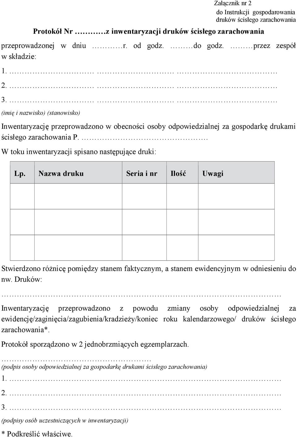 . W toku inwentaryzacji spisano następujące druki: Lp. Nazwa druku Seria i nr Ilość Uwagi Stwierdzono róŝnicę pomiędzy stanem faktycznym, a stanem ewidencyjnym w odniesieniu do nw.