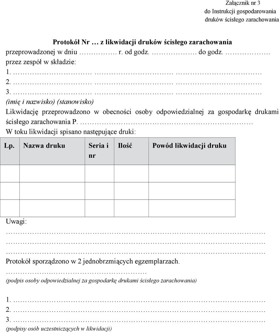 (imię i nazwisko) (stanowisko) Likwidację przeprowadzono w obecności osoby odpowiedzialnej za gospodarkę drukami ścisłego zarachowania P.