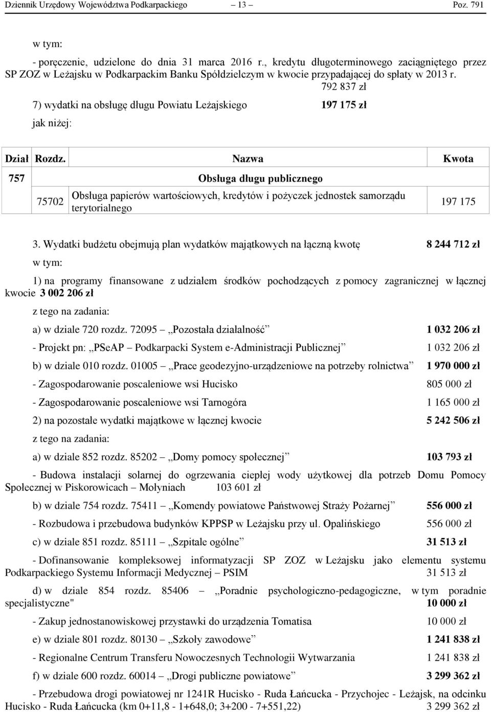 792 837 zł 7) wydatki na obsługę długu Powiatu Leżajskiego 197 175 zł jak niżej: Dział Rozdz.