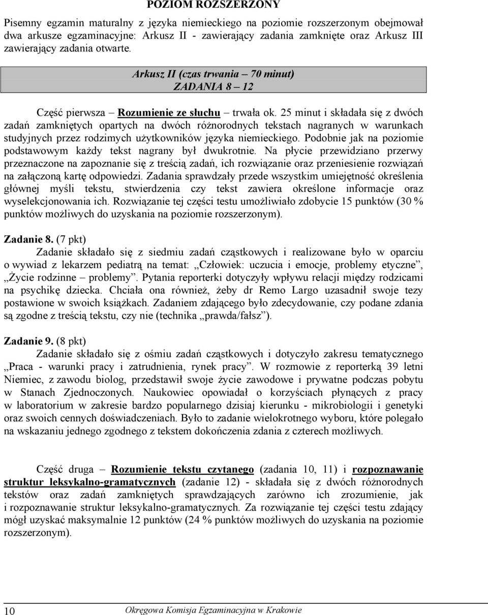 25 minut i składała się z dwóch zadań zamkniętych opartych na dwóch różnorodnych tekstach nagranych w warunkach studyjnych przez rodzimych użytkowników języka niemieckiego.