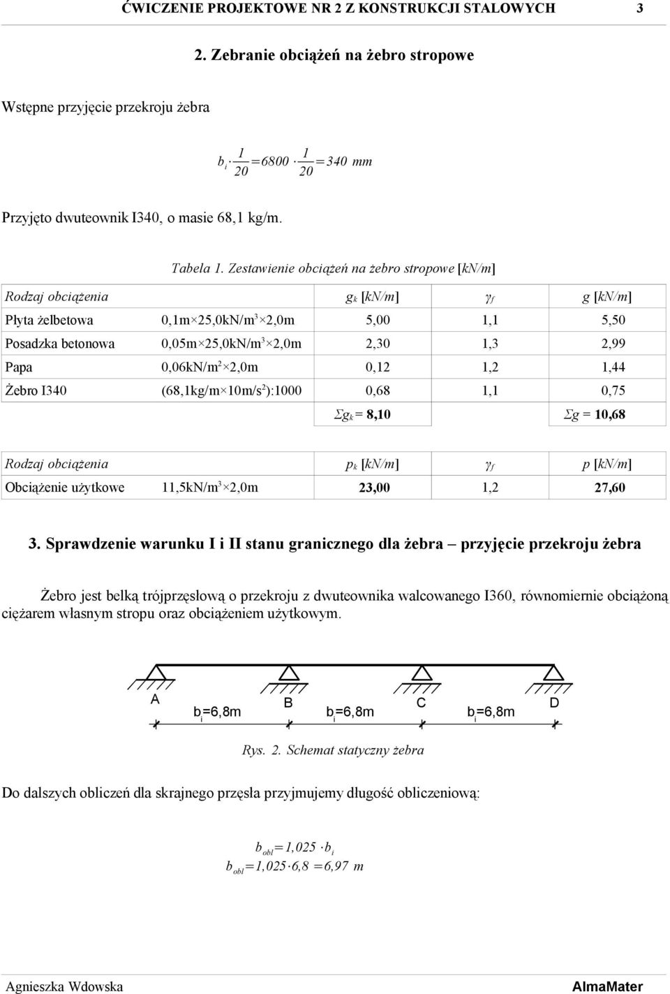 Zestawienie obciążeń na żebro stropowe [kn/m] Rodzaj obciążenia g k [kn/m] γ f g [kn/m] Płyta żelbetowa 0,1m 5,0kN/m 3,0m 5,00 1,1 5,50 Posadzka betonowa 0,05m 5,0kN/m 3,0m,30 1,3,99 Papa 0,06kN/m,0m