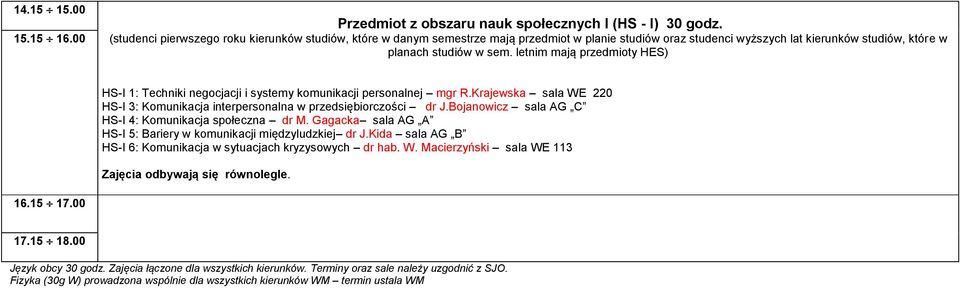 letnim mają przedmioty HES) HS-I 1: Techniki negocjacji i systemy komunikacji personalnej mgr R.Krajewska sala WE 220 HS-I 3: Komunikacja interpersonalna w przedsiębiorczości dr J.