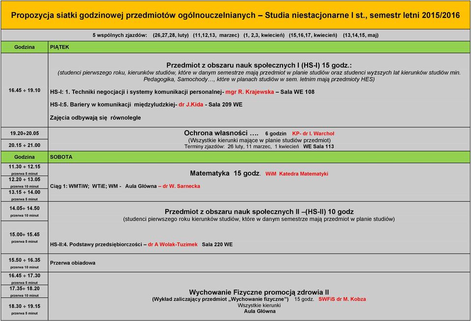 : (studenci pierwszego roku, kierunków studiów, które w danym semestrze mają przedmiot w planie studiów oraz studenci wyższych lat kierunków studiów min.