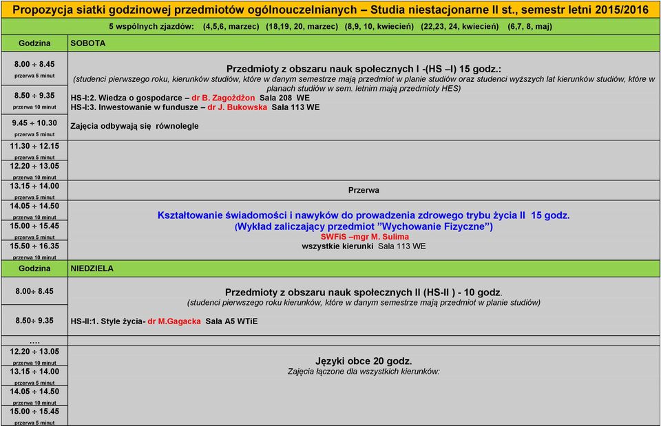 00 15.45 15.50 16.35 SOBOTA Przedmioty z obszaru nauk społecznych I -(HS I) 15 godz.