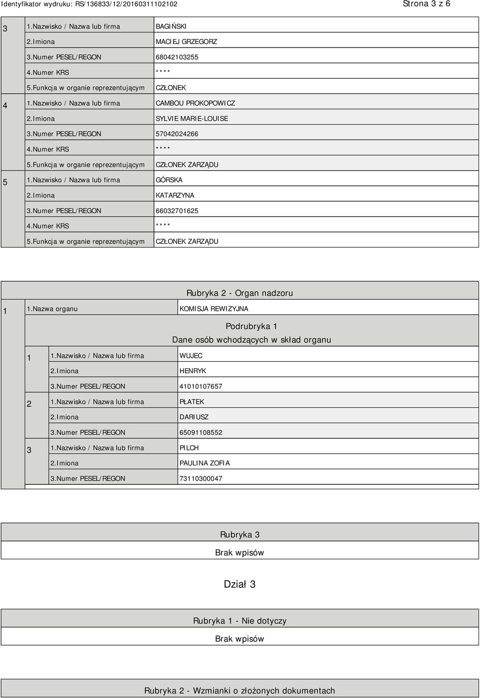 Nazwa organu KOMISJA REWIZYJNA Podrubryka 1 Dane osób wchodzących w skład organu 1 1.Nazwisko / Nazwa lub firma WUJEC HENRYK 3.Numer PESEL/REGON 41010107657 2 1.