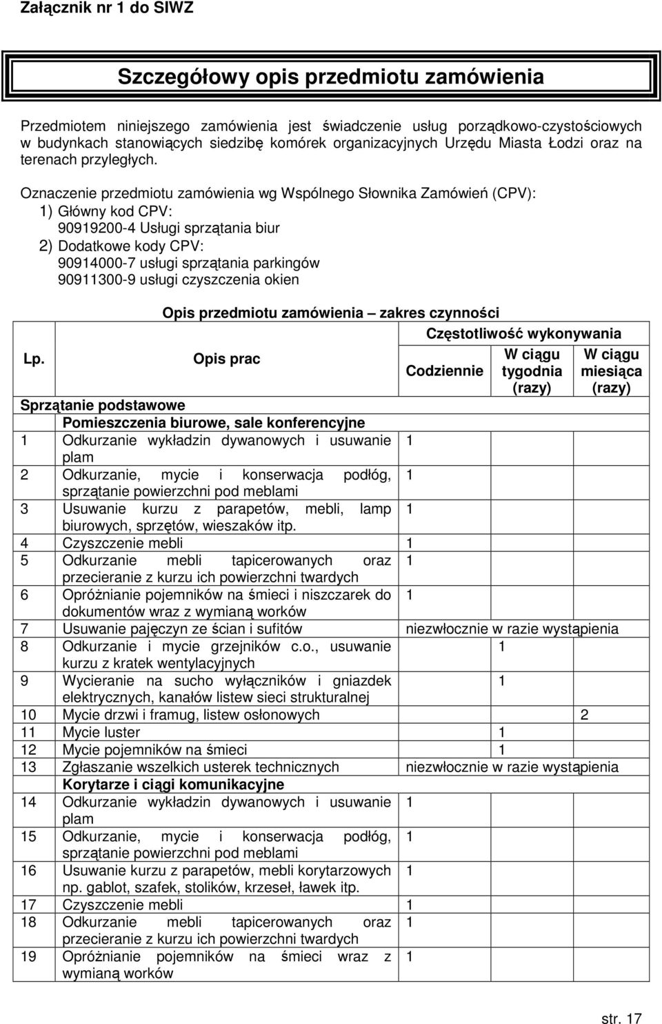 Oznaczenie przedmiotu zamówienia wg Wspólnego Słownika Zamówień (CPV): ) Główny kod CPV: 9099200-4 Usługi sprzątania biur 2) Dodatkowe kody CPV: 9094000-7 usługi sprzątania parkingów 909300-9 usługi