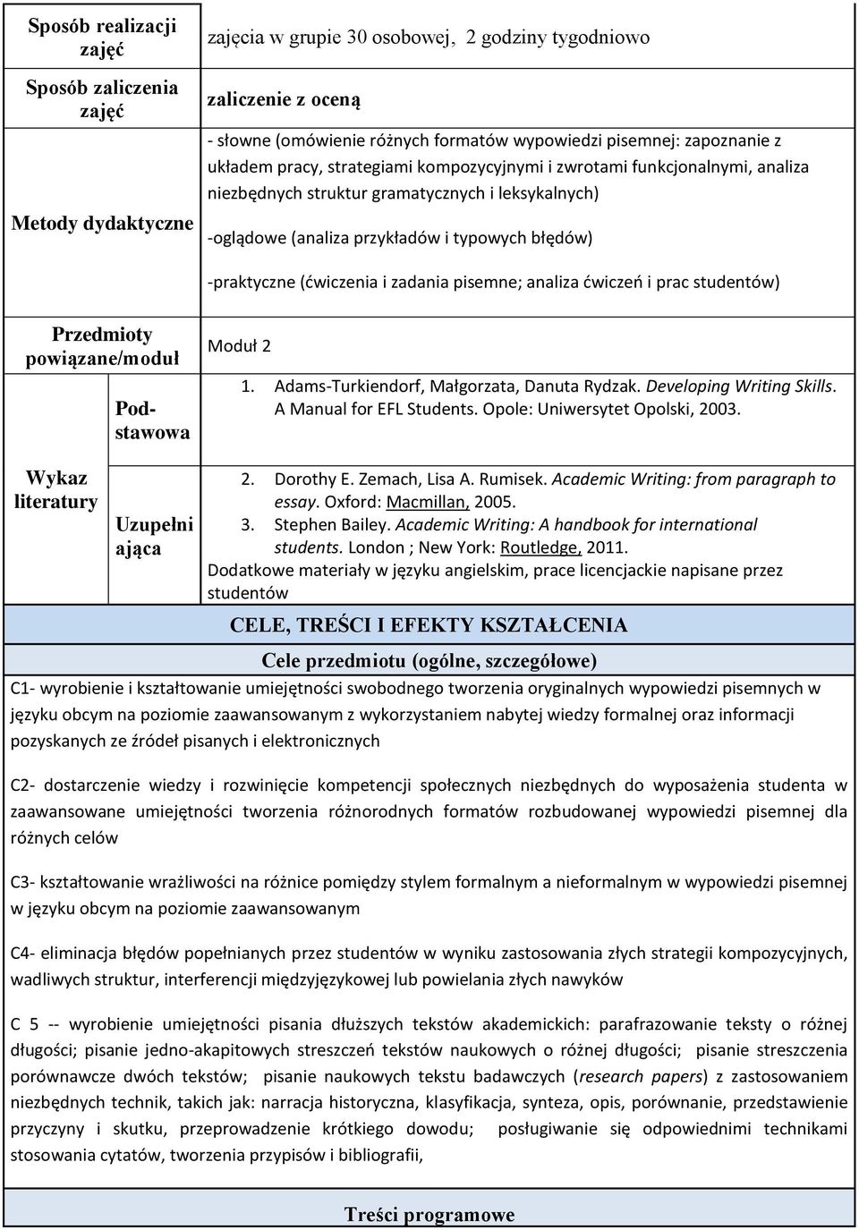 -praktyczne ( i zadania pisemne; analiza ćwiczeń i prac studentów) Przedmioty powiązane/moduł Podstawowa Moduł 2 1. Adams-Turkiendorf, Małgorzata, Danuta Rydzak. Developing Writing Skills.