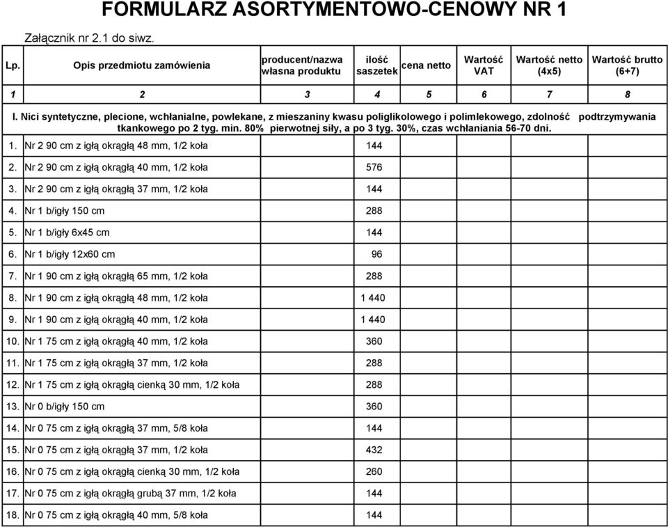 30%, czas wchłaniania 56-70 dni. 1. Nr 2 90 cm z igłą okrągłą 48 mm, 1/2 koła 144 2. Nr 2 90 cm z igłą okrągłą 40 mm, 1/2 koła 576 3. Nr 2 90 cm z igłą okrągłą 37 mm, 1/2 koła 144 4.