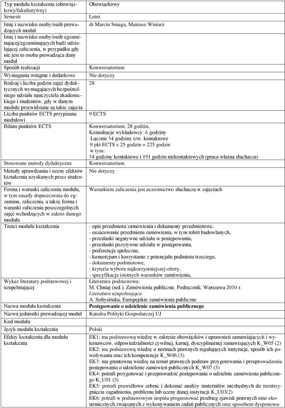 kontaktowe 9 pkt ECTS x 25 godzin = 225 godzin 34 godziny kontaktowe i 191 godzin niekontaktowych (praca własna słuchacza) - opis przedmiotu zamówienia i dokumenty przedmiotowe, - oszacowanie