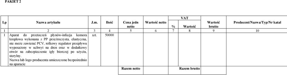 PP przeźroczysta, elastyczna, nie może zawierać PCV, rolkowy regulator przepływu wyposażony w