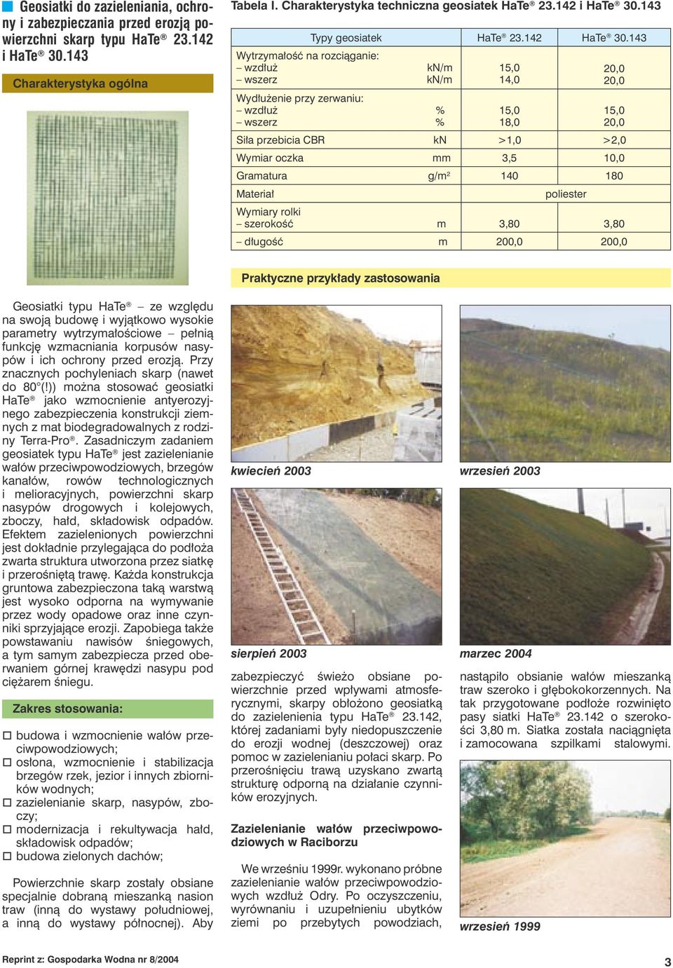 143 Wytrzymałość na rozciąganie: wzdłuż kn/m wszerz kn/m Wydłużenie przy zerwaniu: wzdłuż % wszerz % 15,0 14,0 15,0 18,0 15,0 Siła przebicia CBR kn >1,0 >2,0 Wymiar oczka mm 3,5 10,0 Gramatura g/m 2