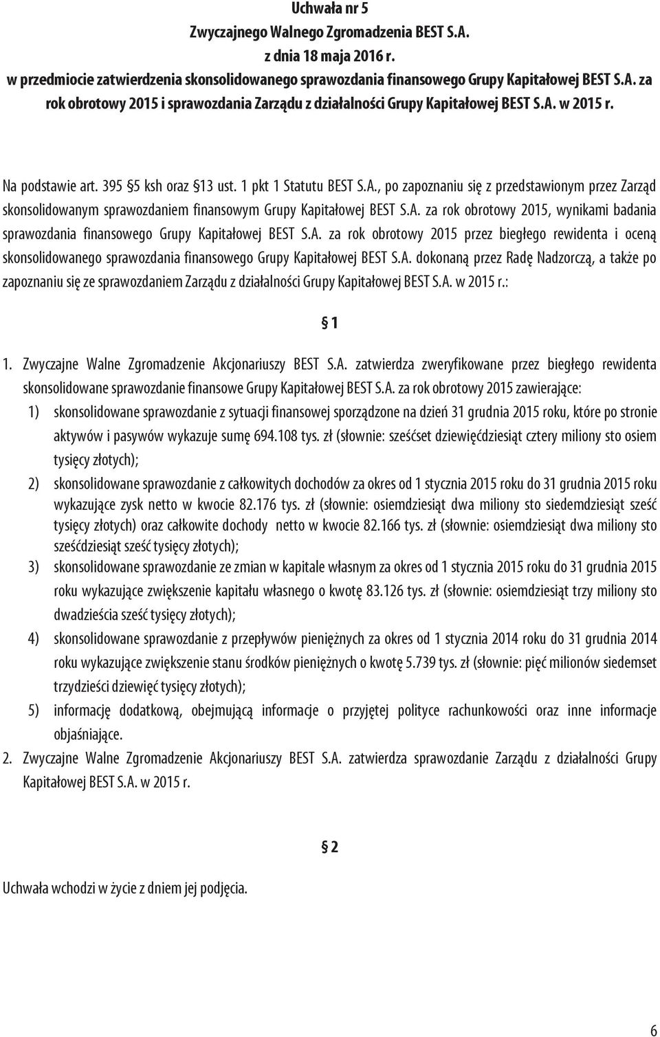 A. za rok obrotowy 2015 przez biegłego rewidenta i oceną skonsolidowanego sprawozdania finansowego Grupy Kapitałowej BEST S.A. dokonaną przez Radę Nadzorczą, a także po zapoznaniu się ze sprawozdaniem Zarządu z działalności Grupy Kapitałowej BEST S.