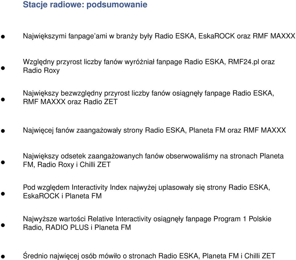 MAXXX Największy odsetek zaangażowanych fanów obserwowaliśmy na stronach Planeta FM, Radio Roxy i Chilli ZET Pod względem Interactivity Index najwyżej uplasowały się strony Radio ESKA,