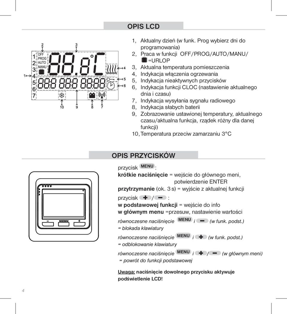 Indykacja funkcji CLOC (nastawienie aktualnego dnia i czasu) 7, Indykacja wysyłania sygnału radiowego 8, Indykacja słabych baterii 9, Zobrazowanie ustawionej temperatury, aktualnego czasu/aktualna