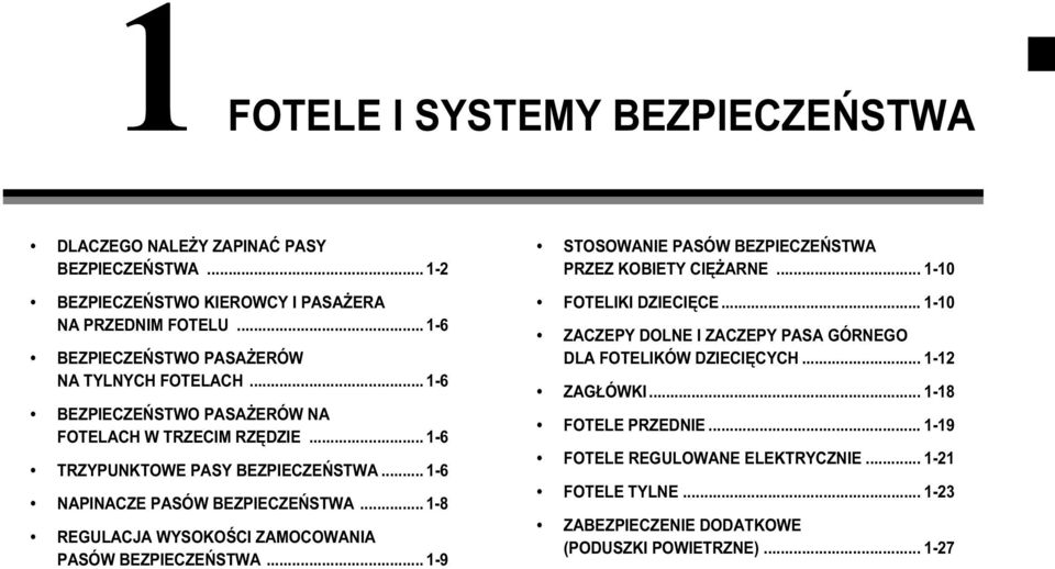 .. 1-6 NAPINACZE PASÓW BEZPIECZEŃSTWA... 1-8 REGULACJA WYSOKOŚCI ZAMOCOWANIA PASÓW BEZPIECZEŃSTWA... 1-9 STOSOWANIE PASÓW BEZPIECZEŃSTWA PRZEZ KOBIETY CIĘŻARNE.