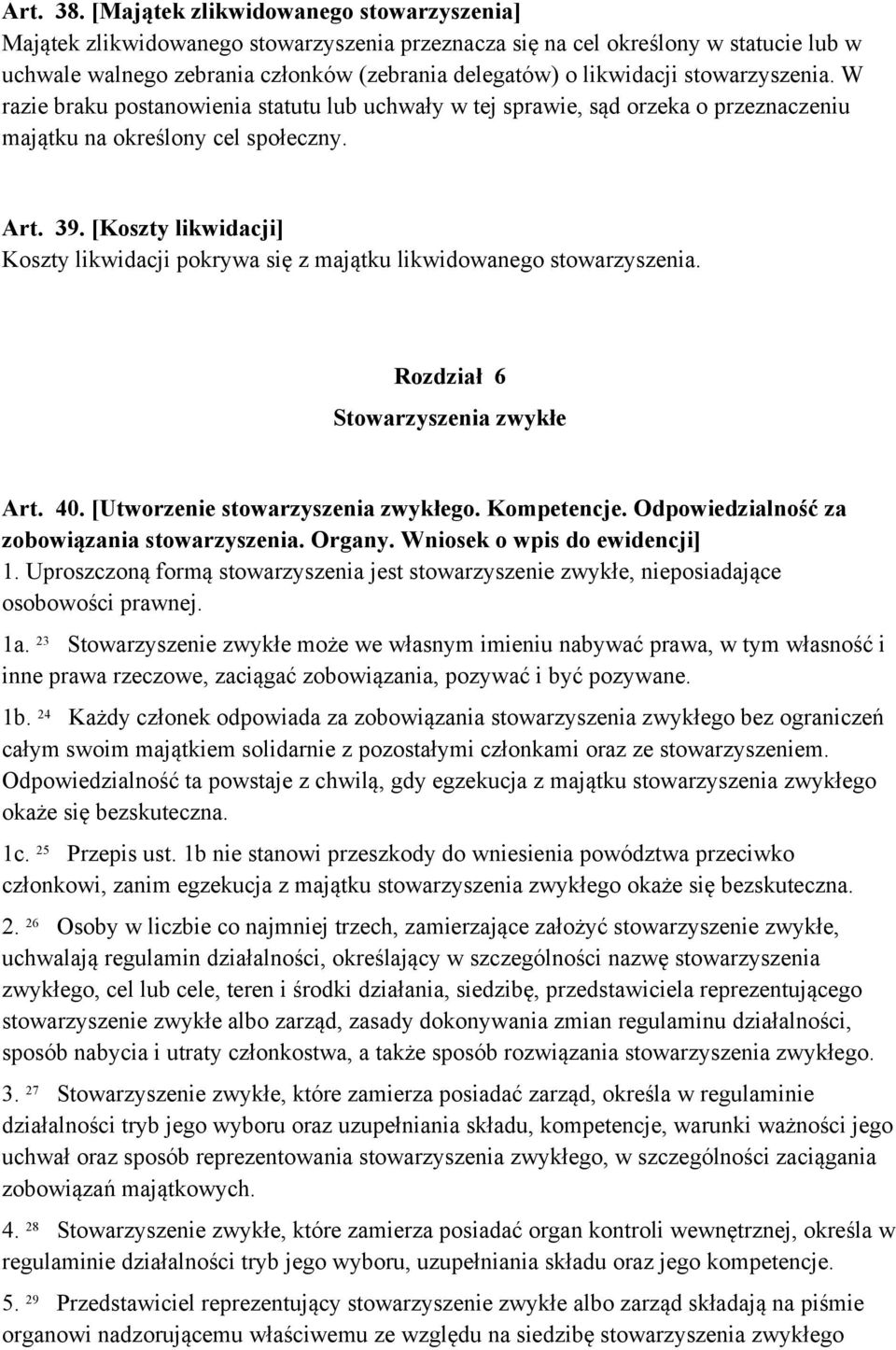 stowarzyszenia. W razie braku postanowienia statutu lub uchwały w tej sprawie, sąd orzeka o przeznaczeniu majątku na określony cel społeczny. Art. 39.