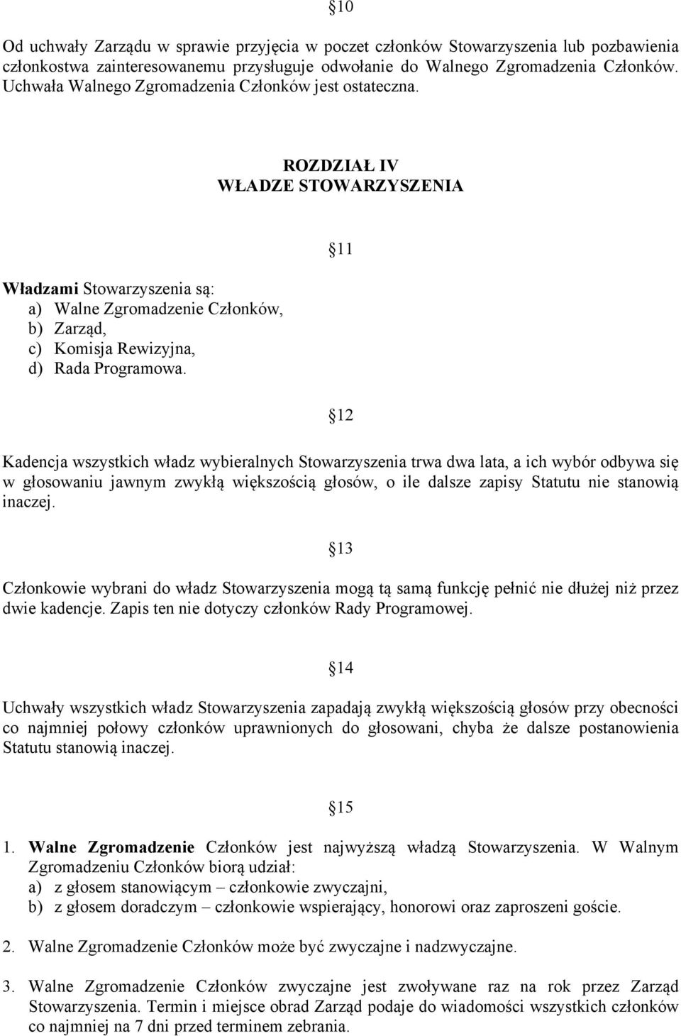 ROZDZIAŁ IV WŁADZE STOWARZYSZENIA Władzami Stowarzyszenia są: a) Walne Zgromadzenie Członków, b) Zarząd, c) Komisja Rewizyjna, d) Rada Programowa.