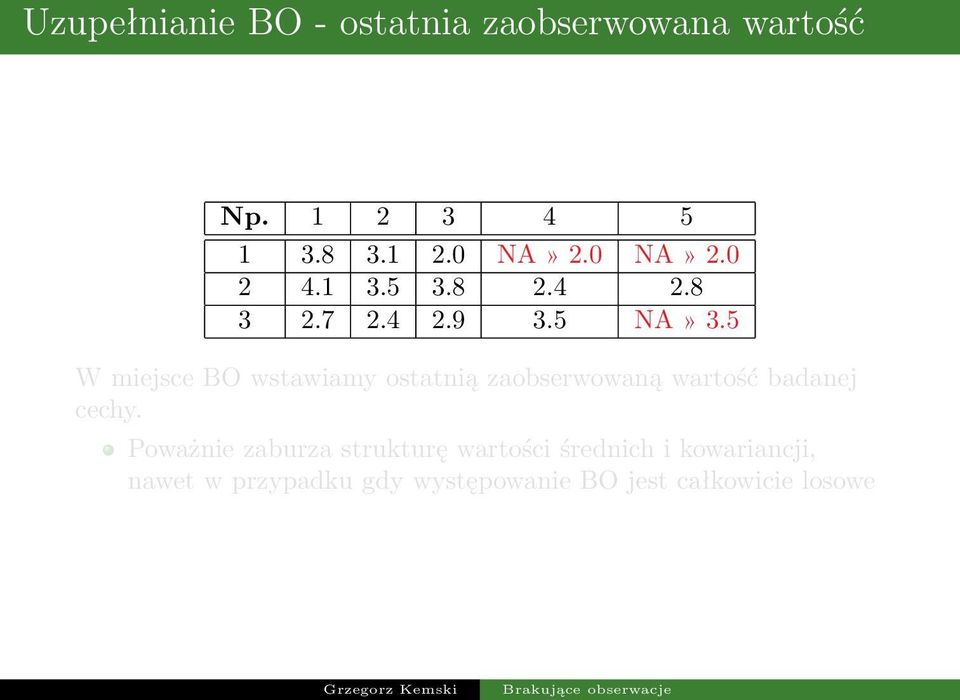 5 W miejsce BO wstawiamy ostatnią zaobserwowaną wartość badanej cechy.