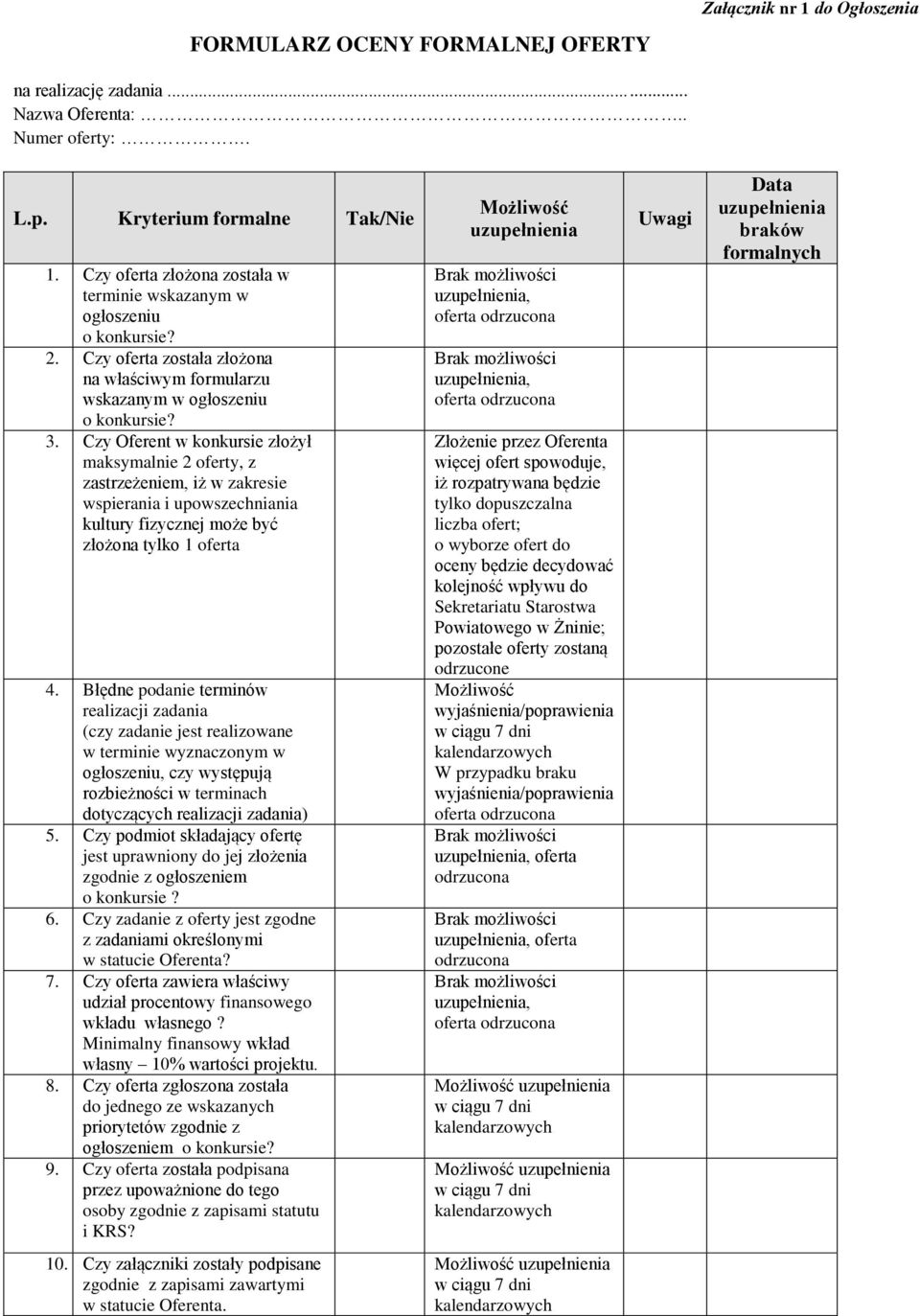 Czy Oferent w konkursie złożył maksymalnie 2 oferty, z zastrzeżeniem, iż w zakresie wspierania i upowszechniania kultury fizycznej może być złożona tylko 1 oferta 4.