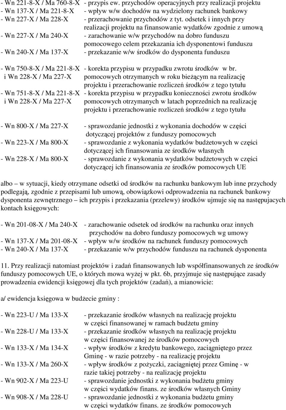 odsetek i innych przy realizacji projektu na finansowanie wydatków zgodnie z umową - Wn 227-X / Ma 240-X - zarachowanie w/w przychodów na dobro funduszu pomocowego celem przekazania ich dysponentowi