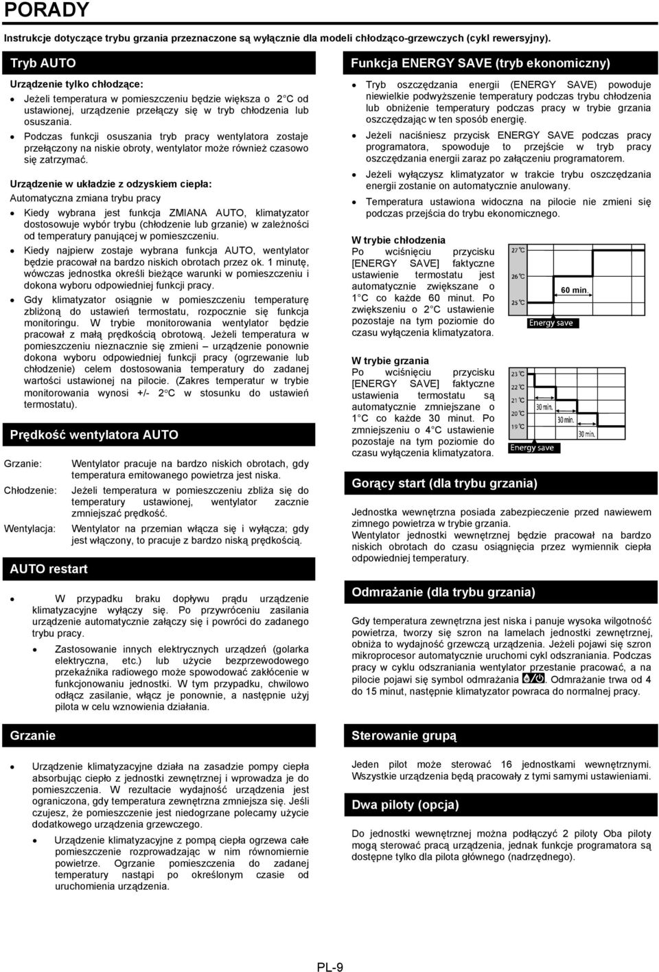 Podczas funkcji osuszania tryb pracy wentylatora zostaje przełączony na niskie obroty, wentylator może również czasowo się zatrzymać.