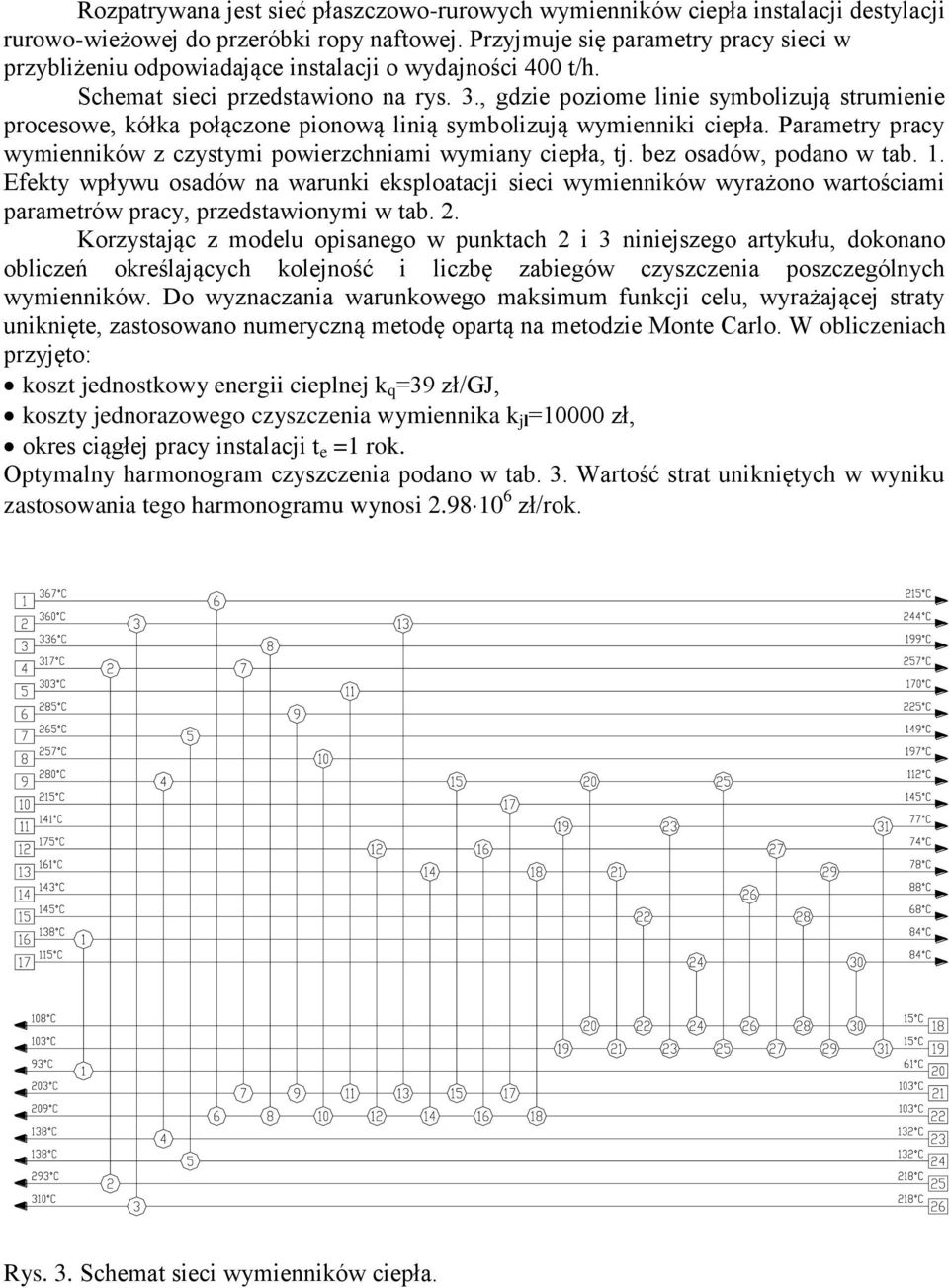 , gdzie poziome linie symbolizuą srumienie procesowe, kółka połączone pionową linią symbolizuą wymienniki ciepła. Paramery pracy wymienników z czysymi powierzchniami wymiany ciepła,.