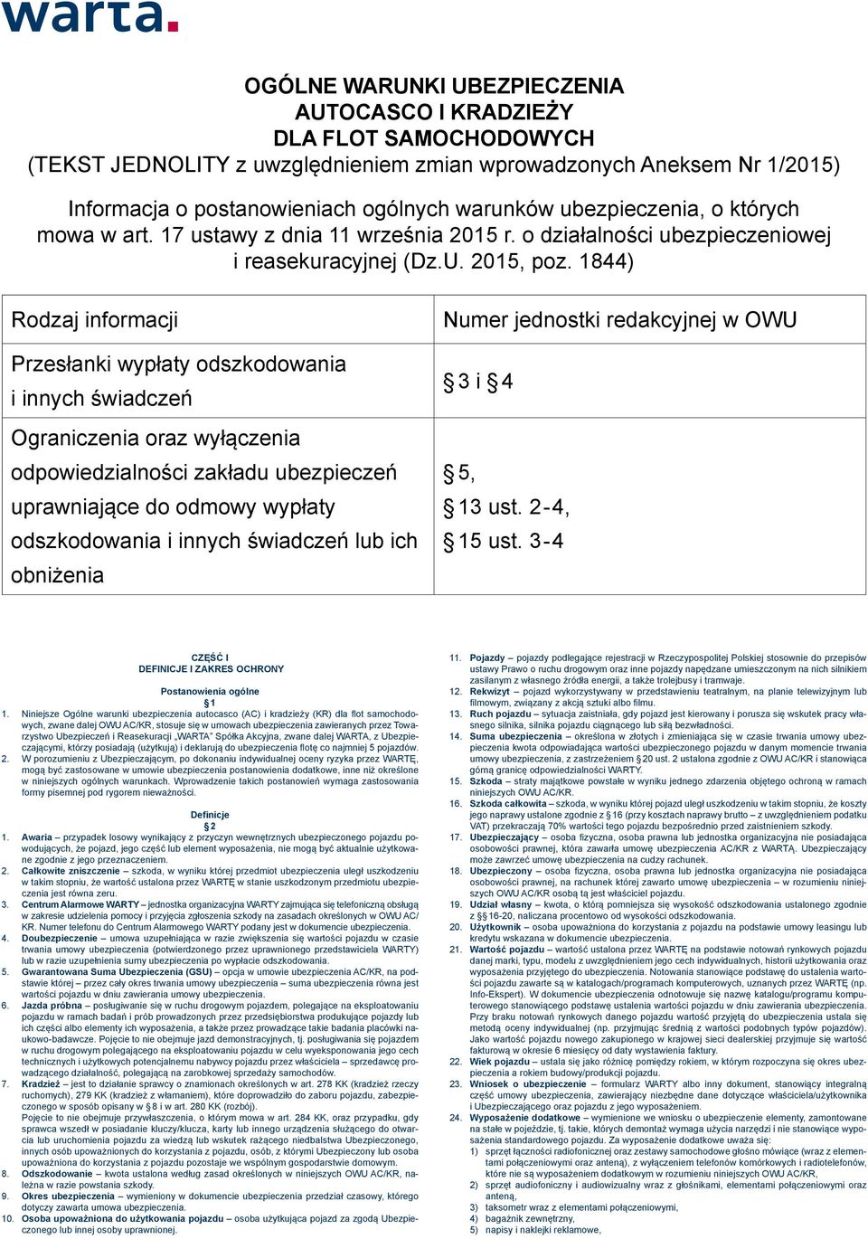 1844) Rodzaj informacji Przesłanki wypłaty odszkodowania i innych świadczeń Ograniczenia oraz wyłączenia odpowiedzialności zakładu ubezpieczeń uprawniające do odmowy wypłaty odszkodowania i innych