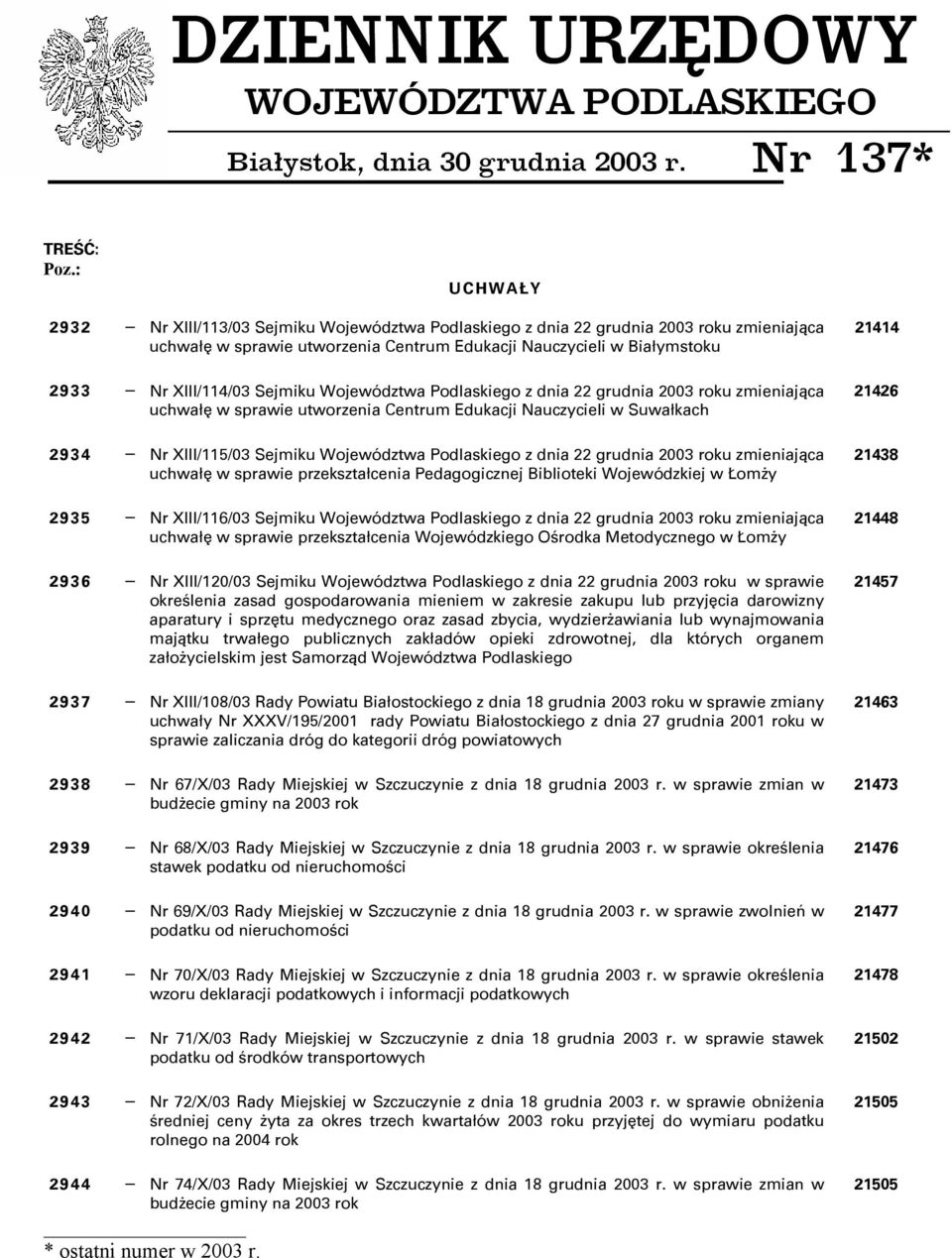 Sejmiku Województwa Podlaskiego z dnia 22 grudnia 2003 roku zmieniająca uchwałę w sprawie utworzenia Centrum Edukacji Nauczycieli w Suwałkach 21426 2934 Nr XIII/115/03 Sejmiku Województwa Podlaskiego