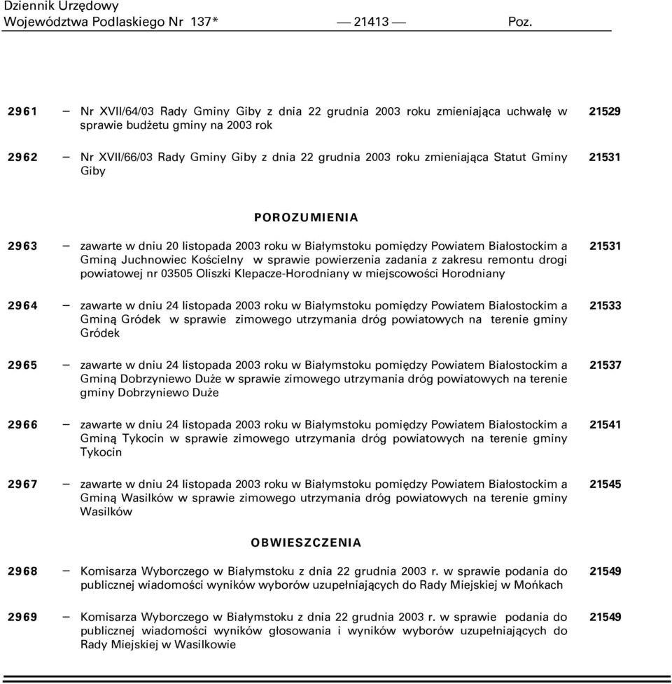 Statut Gminy Giby 21529 21531 POROZUMIENIA 2963 zawarte w dniu 20 listopada 2003 roku w Białymstoku pomiędzy Powiatem Białostockim a Gminą Juchnowiec Kościelny w sprawie powierzenia zadania z zakresu