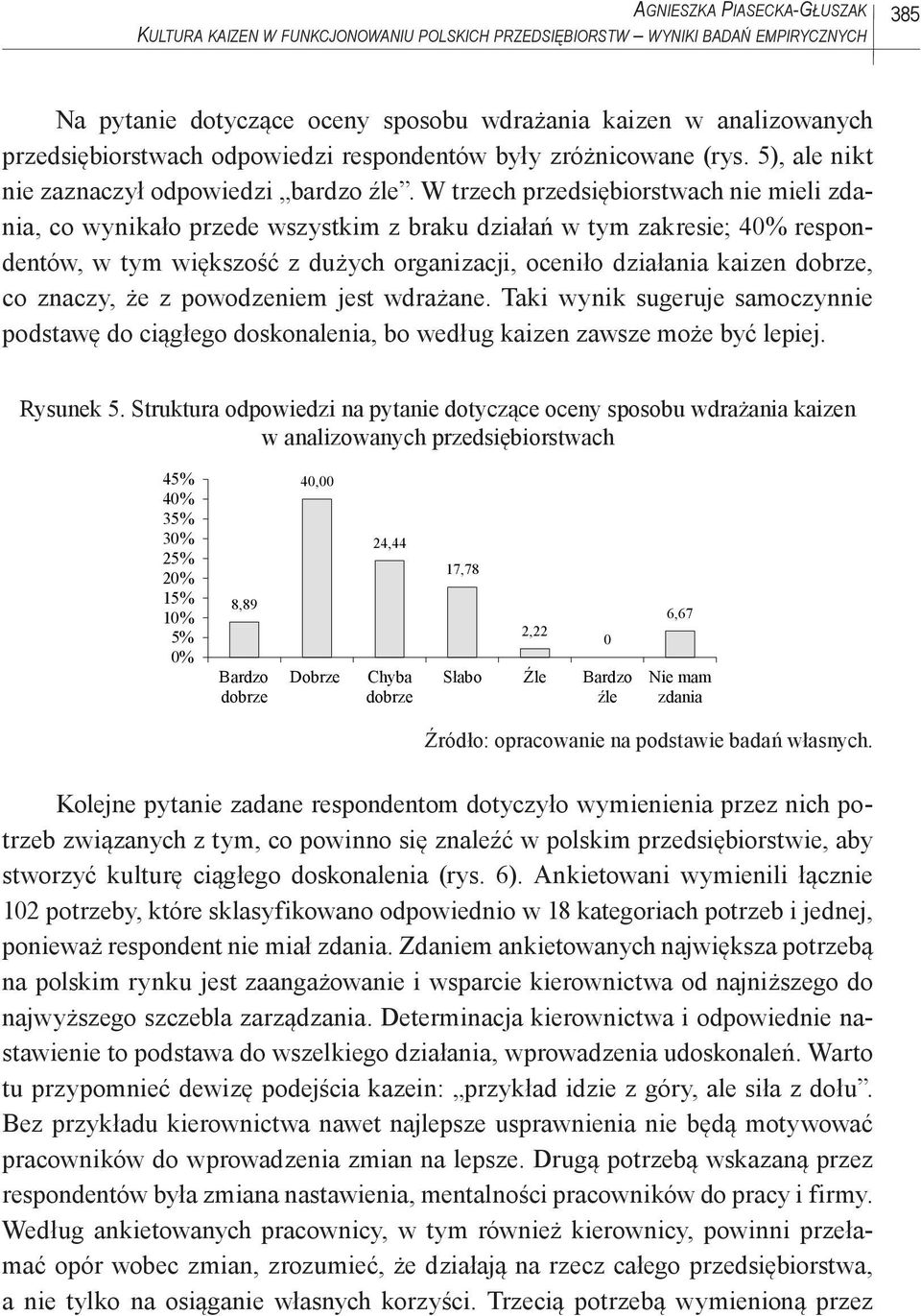 W trzech przedsiębiorstwach nie mieli zdania, co wynikało przede wszystkim z braku działań w tym zakresie; 40% respondentów, w tym większość z dużych organizacji, oceniło działania kaizen dobrze, co