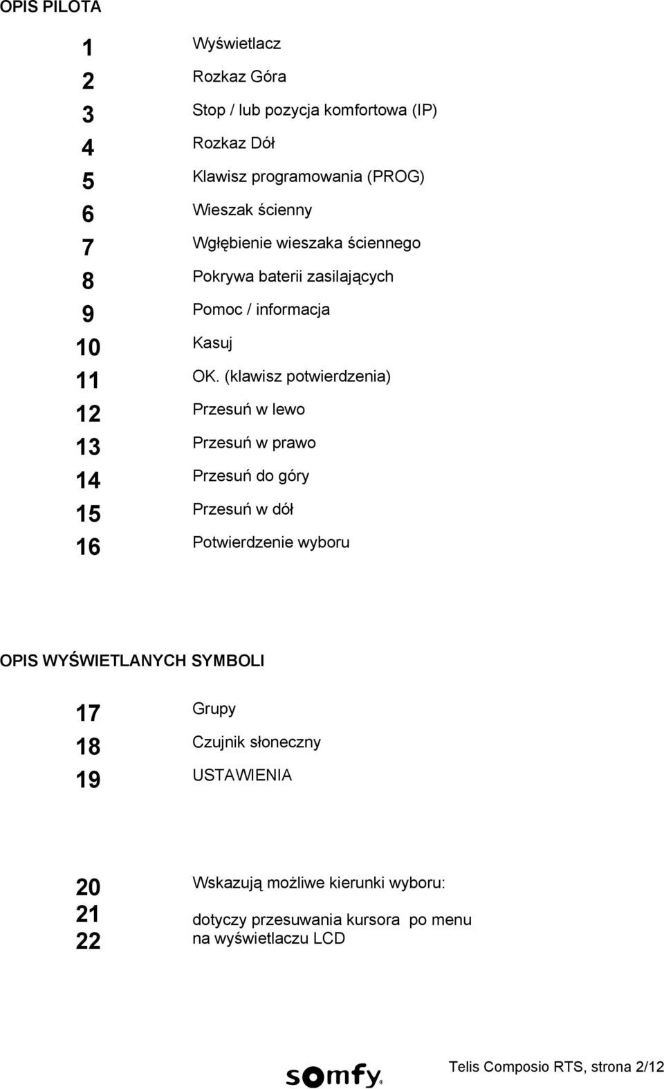 (klawisz potwierdzenia) 12 Przesuń w lewo 13 Przesuń w prawo 14 Przesuń do góry 15 Przesuń w dół 16 Potwierdzenie wyboru OPIS WYŚWIETLANYCH