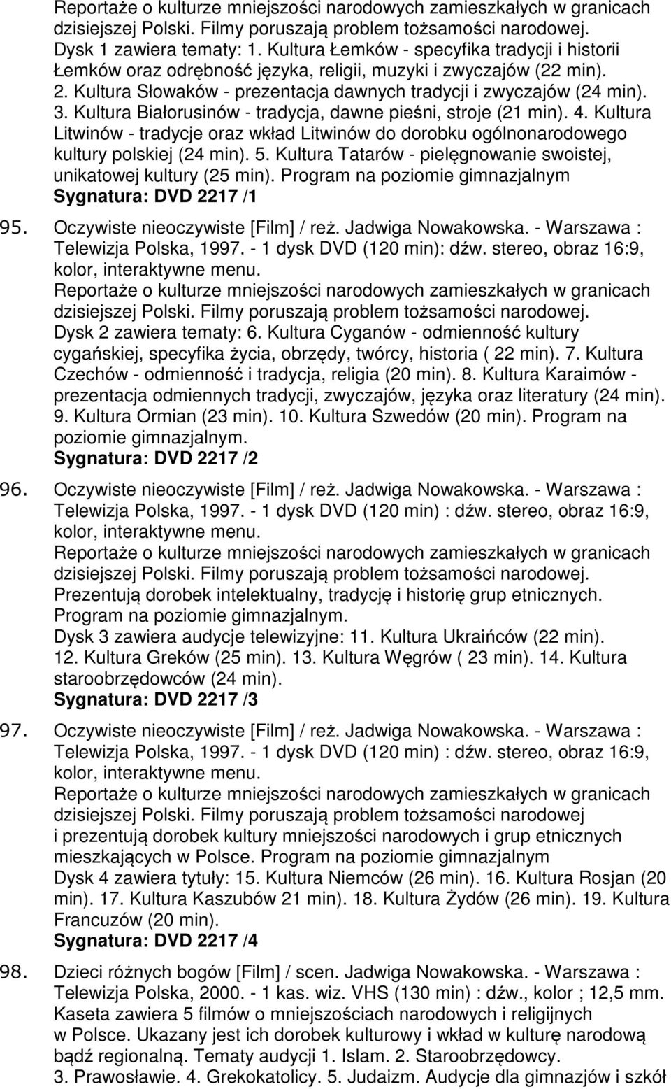 Kultura Białorusinów - tradycja, dawne pieśni, stroje (21 min). 4. Kultura Litwinów - tradycje oraz wkład Litwinów do dorobku ogólnonarodowego kultury polskiej (24 min). 5.