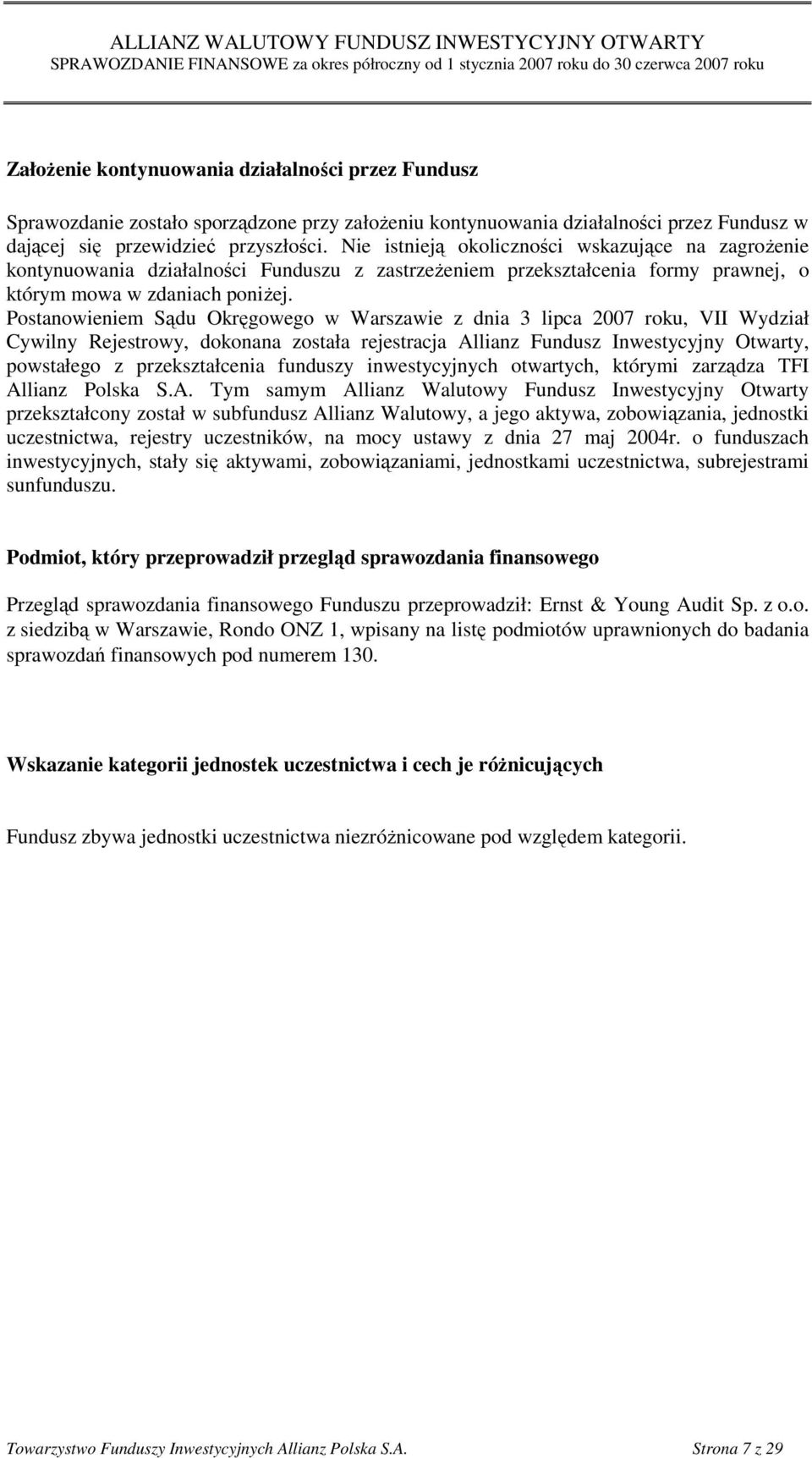 Postanowieniem Sądu Okręgowego w Warszawie z dnia 3 lipca 2007 roku, VII Wydział Cywilny Rejestrowy, dokonana została rejestracja Allianz Fundusz Inwestycyjny Otwarty, powstałego z przekształcenia