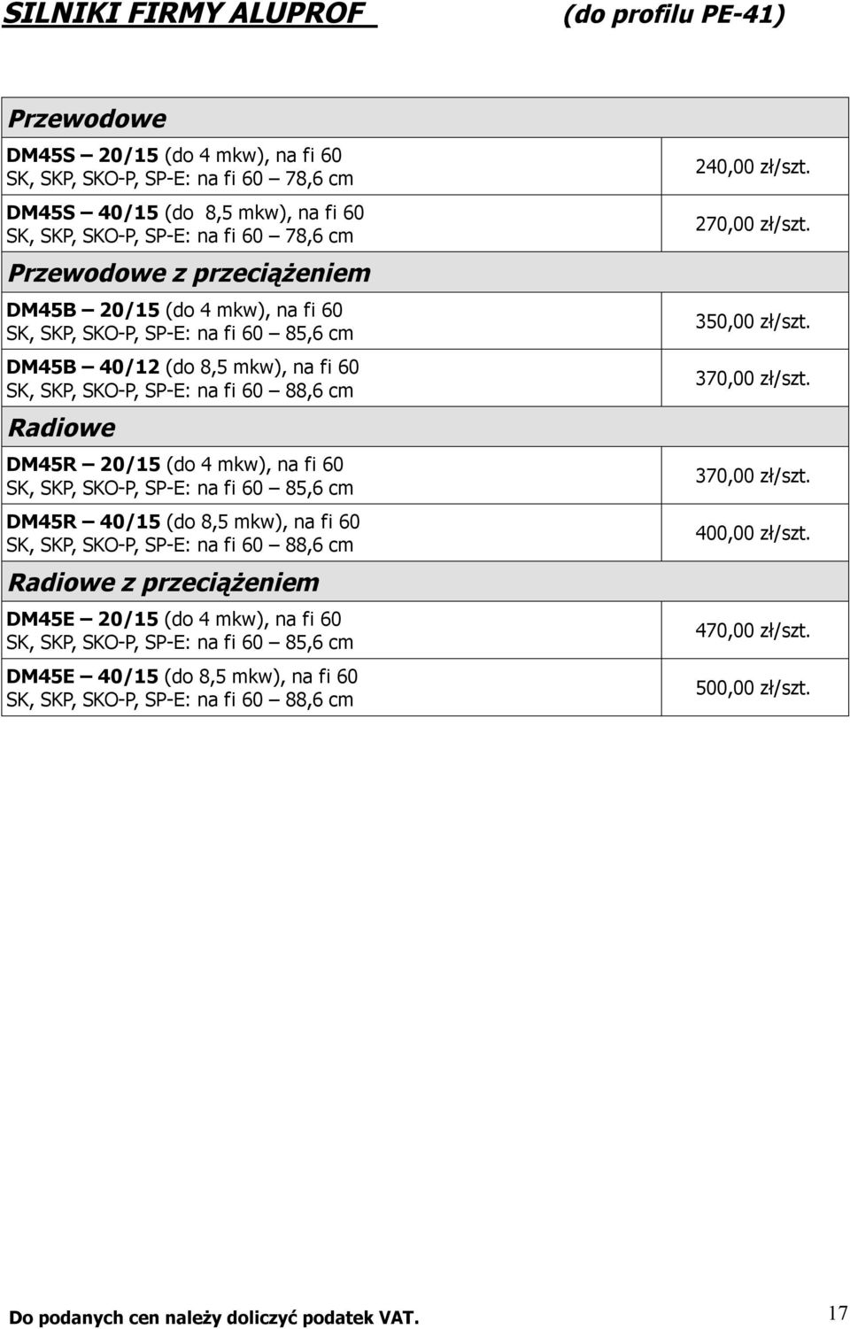 mkw), na fi 60 SK, SKP, SKO-P, SP-E: na fi 60 85,6 cm DM45R 40/15 (do 8,5 mkw), na fi 60 SK, SKP, SKO-P, SP-E: na fi 60 88,6 cm Radiowe z przeciążeniem DM45E 20/15 (do 4 mkw), na fi 60 SK, SKP,
