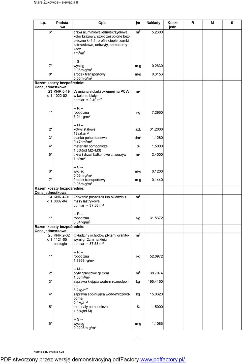 / 3* pianka poliuretanowa 0.47dm 3 / 1.5%(od M2+M3) 5* okna i drzwi balkonowe z tworzyw 1 / 2.4000 m-g 0.1200 m-g 0.1440 6* wyciąg 0.05m-g/ 7* środek transportowy 0.06m-g/ 24 KNR 4-01 d.