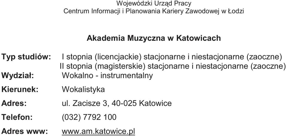 (magisterskie) i nie (zaoczne) Wokalno -
