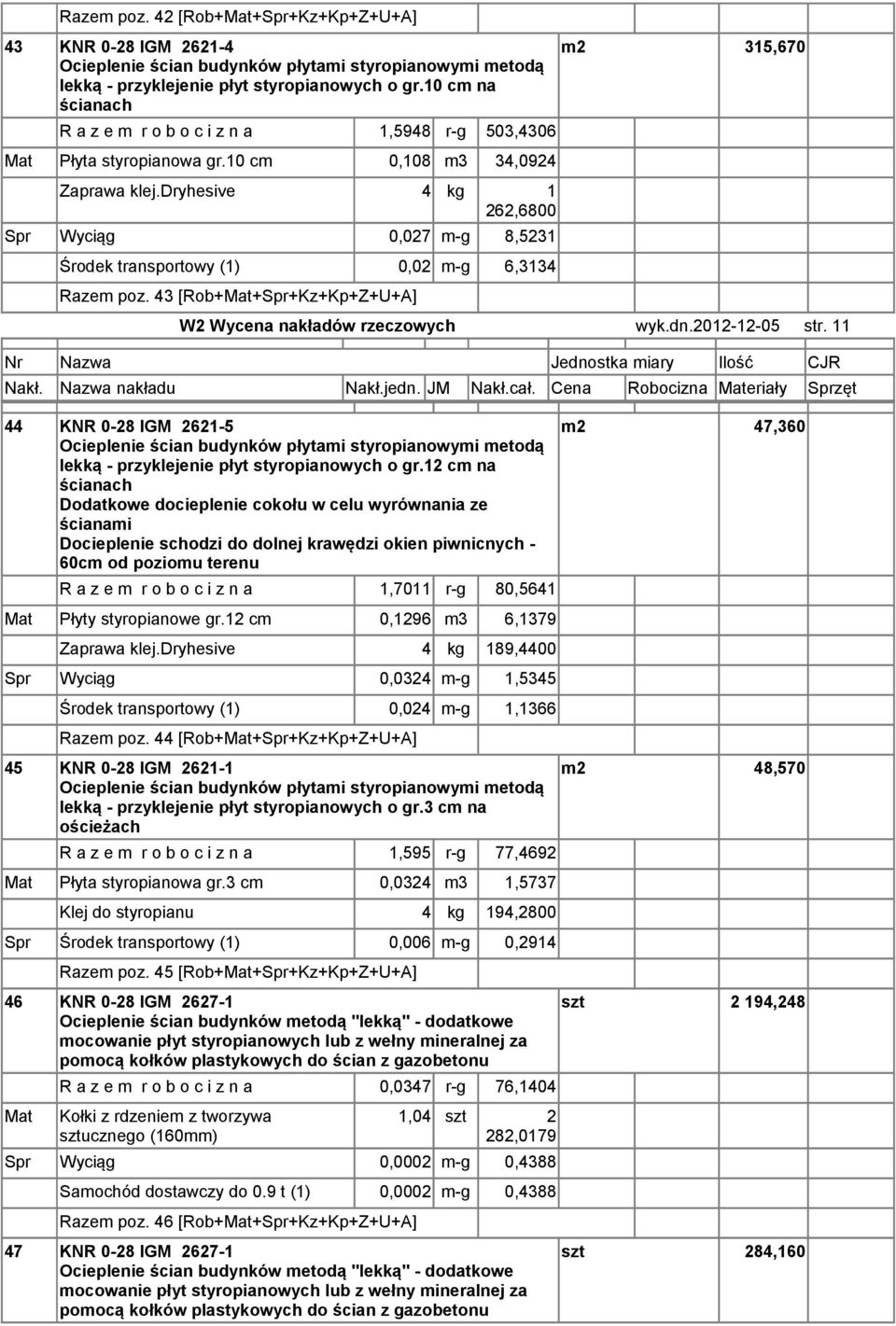 dryhesive 4 kg 1 262,6800 Spr Wyciąg 0,027 m-g 8,5231 Środek transportowy (1) 0,02 m-g 6,3134 Razem poz. 43 [Rob++Spr+Kz+Kp+Z+U+A] m2 315,670 W2 Wycena nakładów rzeczowych wyk.dn.2012-12-05 str.