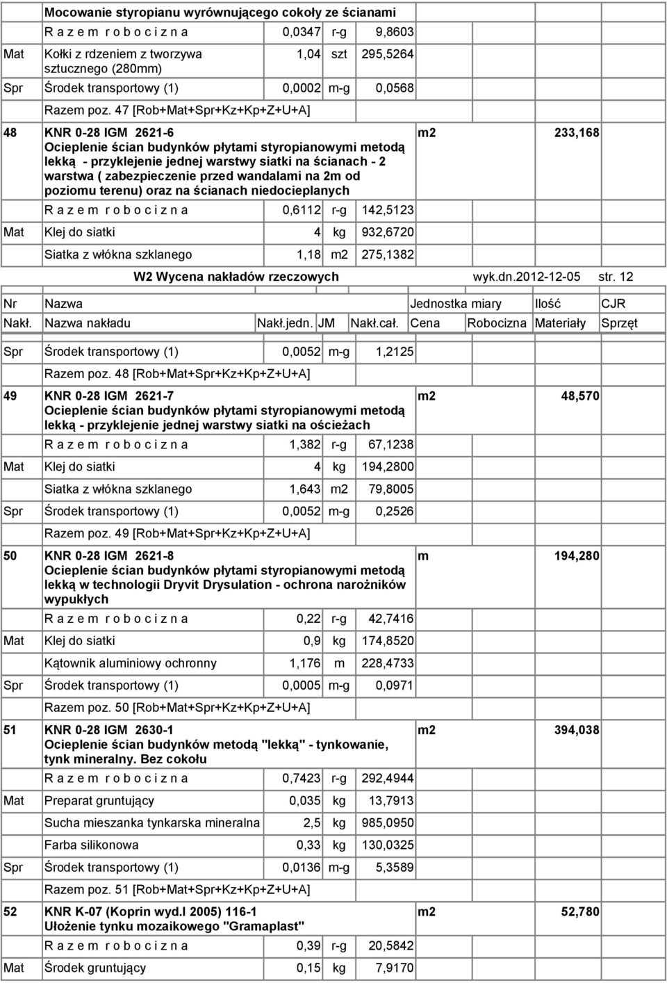 47 [Rob++Spr+Kz+Kp+Z+U+A] 48 KNR 0-28 IGM 2621-6 Ocieplenie ścian budynków płytami styropianowymi metodą lekką - przyklejenie jednej warstwy siatki na ścianach - 2 warstwa ( zabezpieczenie przed