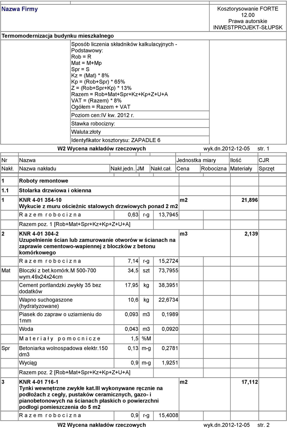 00 Prawa autorskie INWESTPROJEKT-SŁUPSK W2 Wycena nakładów rzeczowych wyk.dn.2012-12-05 str. 1 Nakł. Nazwa nakładu Nakł.jedn. JM Nakł.cał. Cena Robocizna eriały Sprzęt 1 Roboty remontowe 1.