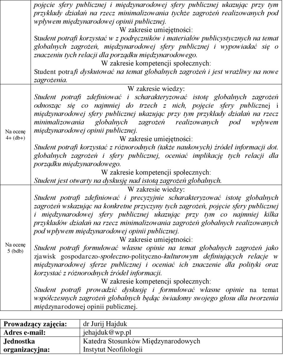 Student potrafi korzystać w z podręczników i materiałów publicystycznych na temat globalnych zagrożeń, międzynarodowej sfery publicznej i wypowiadać się o znaczeniu tych relacji dla porządku
