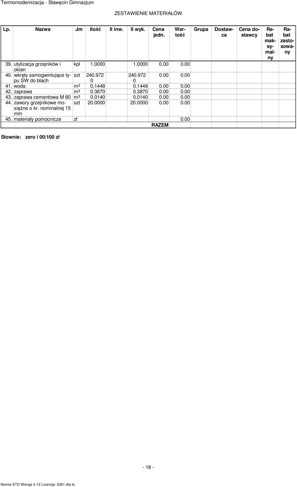 zaprawa cementowa M 8 m 3.14.14.. 44. zawory grzejnikowe mosięŝne szt 2. 2... o śr. nominalnej 15 mm 45.