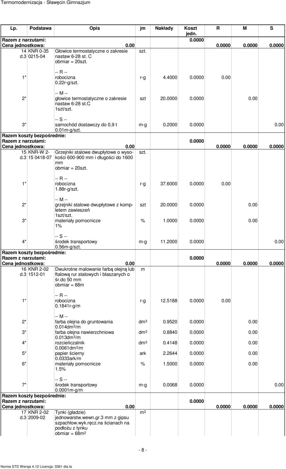 2* grzejniki stalowe dwupłytowe z kompletem zawieszeń 1szt/szt. 3* materiały pomocnicze 1% r-g 37.6.. szt 2... % 1... 4* środek transportowy m-g 11.2...56m-g/szt. 16 KNR 2-2 m d.